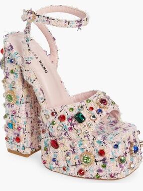 AZALEA WANG HYACINTH TWEED EMBELLISHED PLATFORM SANDALS